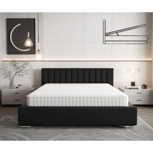 Moderní čalouněná postel s vertikálním prošíváním na čele v černé barvě s úložným prostorem